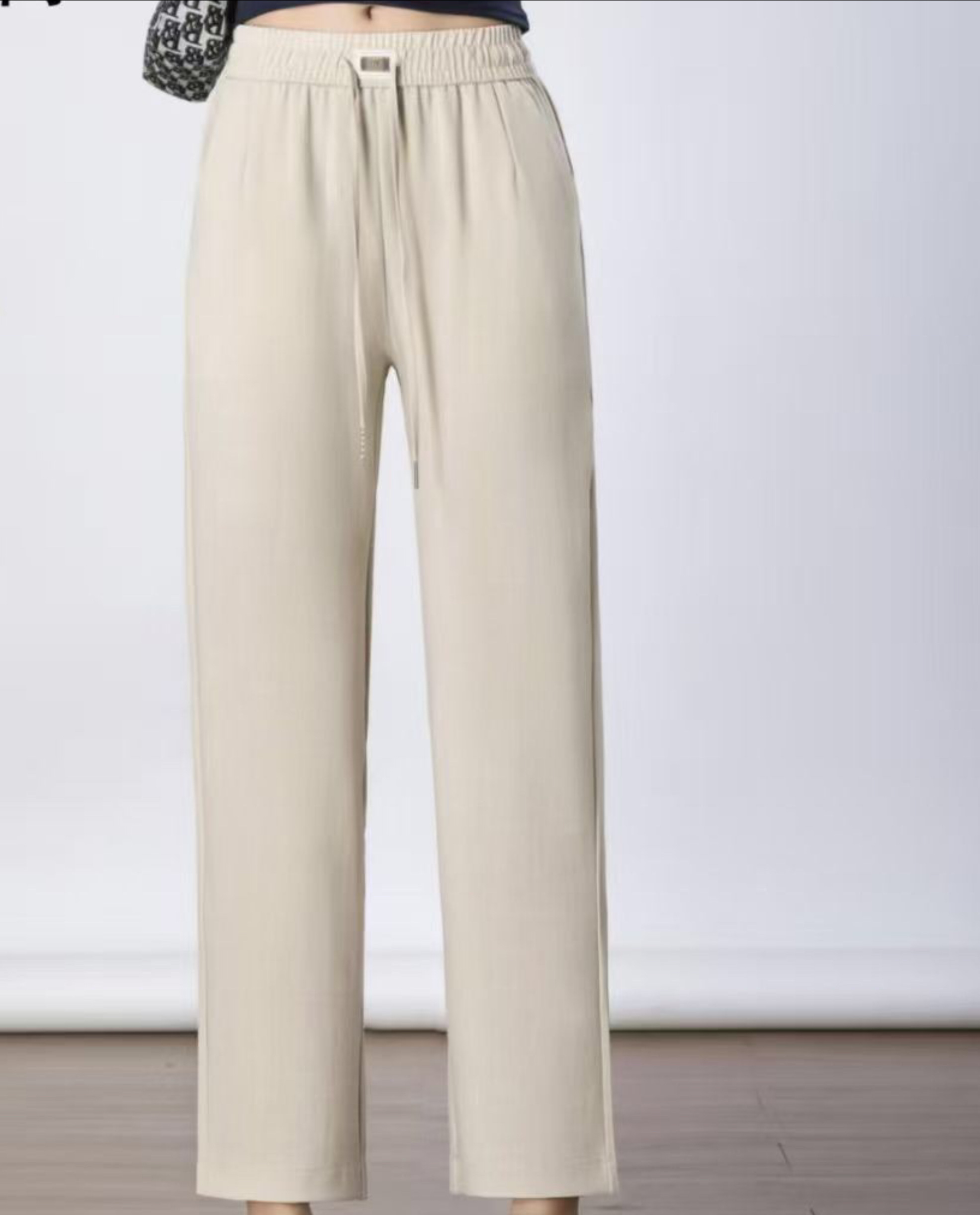 The trendy women's trousers for Spring and Autumn 2026 are small straight-leg pants with an elastic waist and beige color details Picture