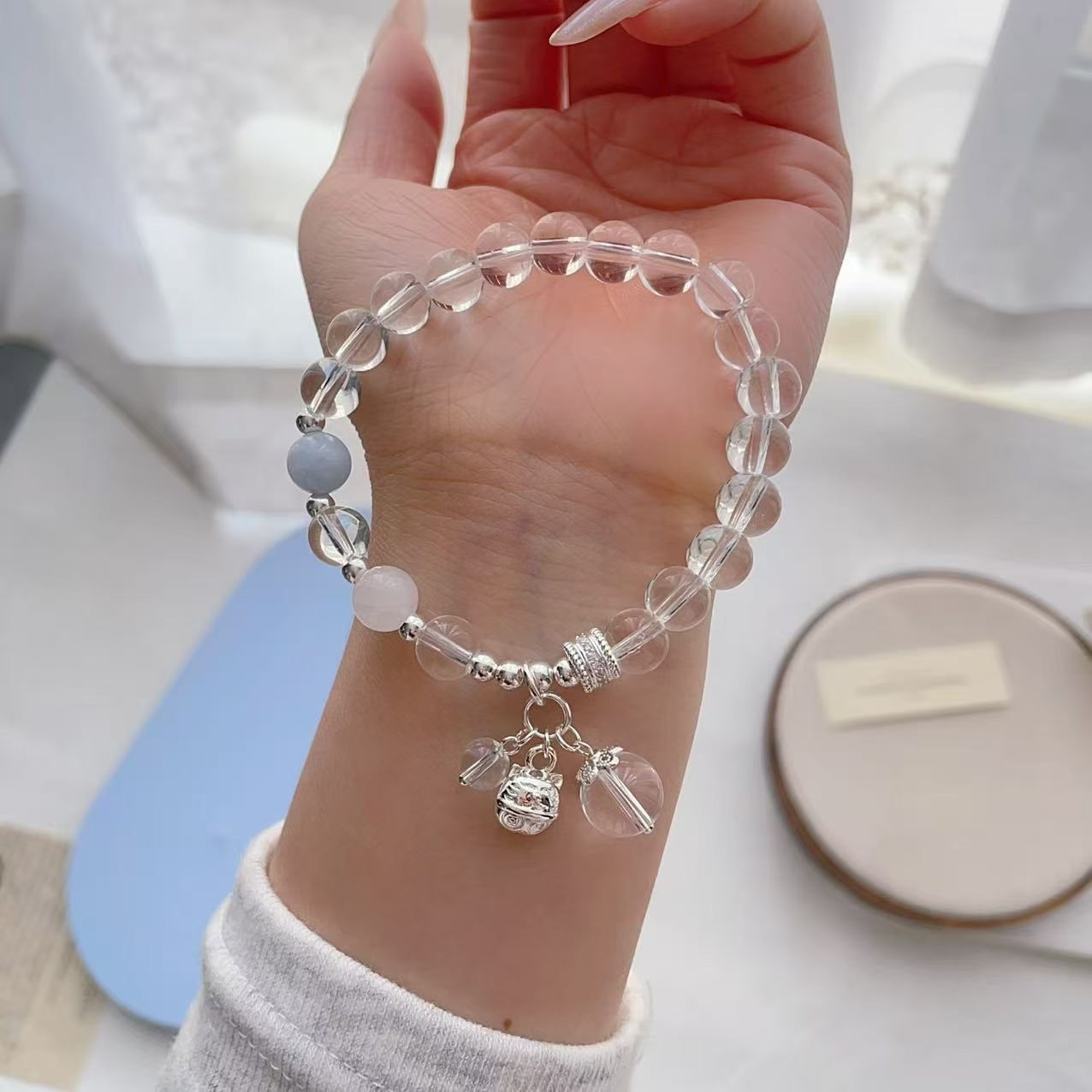 红绳铜微镶手链手链手链四叶草手链透明玻璃珠