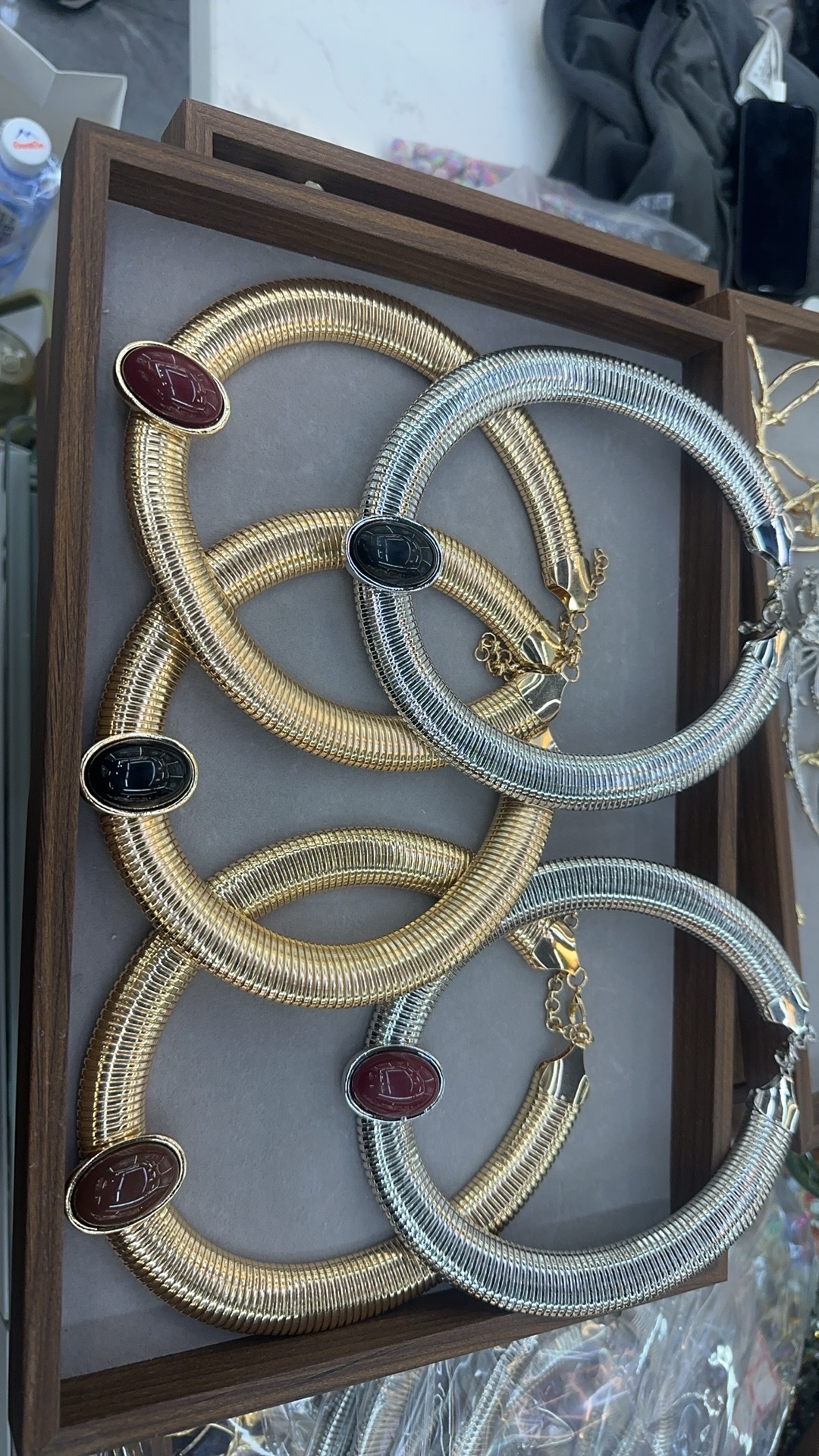 弹簧项链金色银色镶嵌椭圆形黑色仿黑玛瑙