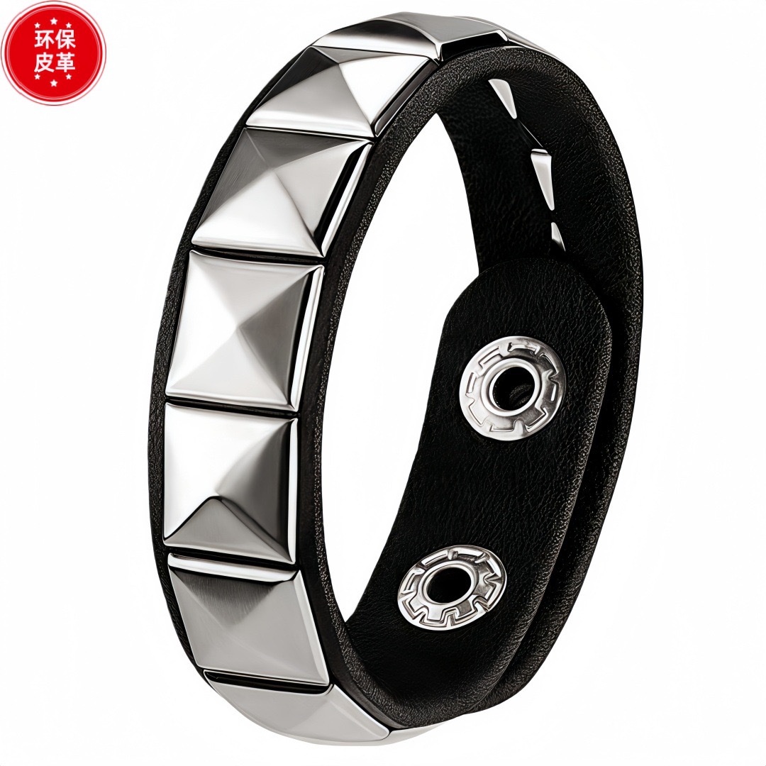 Eco-friendly PU leather, European and American fashion punk style multi-layer retro bracelet, personalized rivet chain bracelet set detail image 8