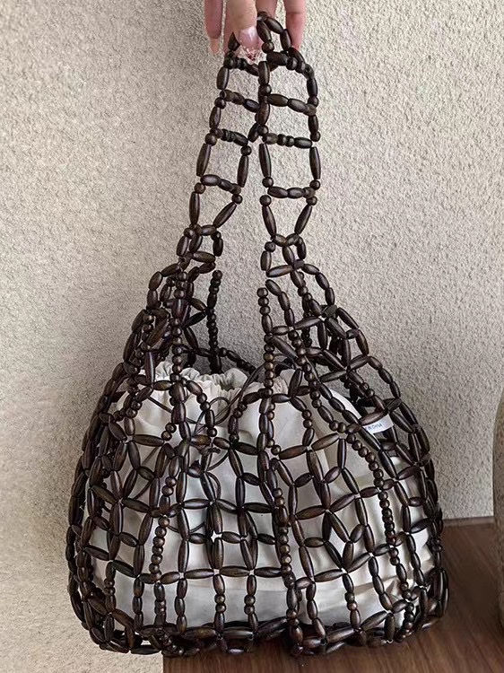 Handcrafted beaded women's bags, handwoven bags, straw woven bags, fresh and fashionable commuter bags, handwoven bags strung with wooden beads, large capacity, hand-pulled shoulder bags, niche details Picture