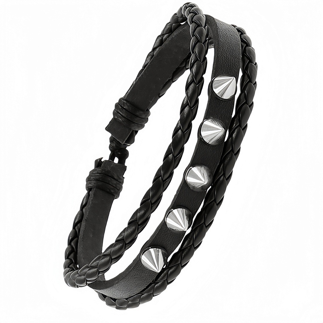 Eco-friendly PU leather, European and American fashion punk style multi-layer retro bracelet, personalized rivet chain bracelet set detail image 6