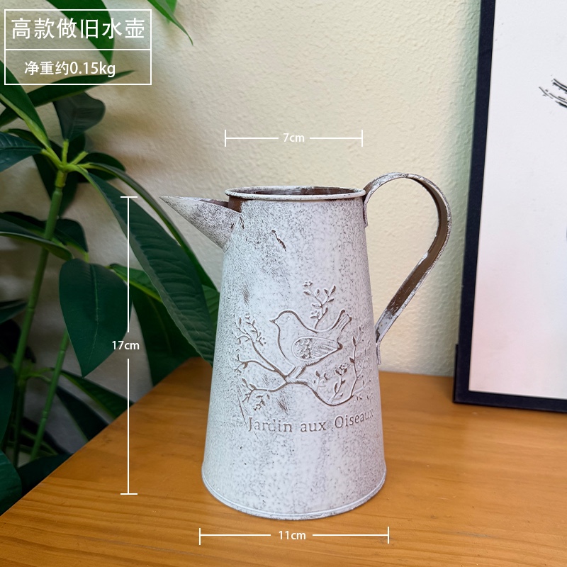 现货复古田园铁艺水壶摆件拍摄道具办公室个性简约花器花盆多肉假花浇水装饰白底实物图