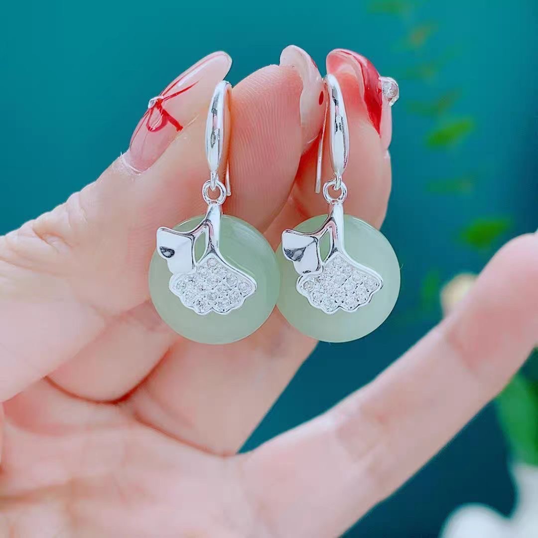 Chinese-style high-end peace pendant, ginkgo leaf gift for mom, pure silver earrings, new best-selling and niche women's earrings details Picture