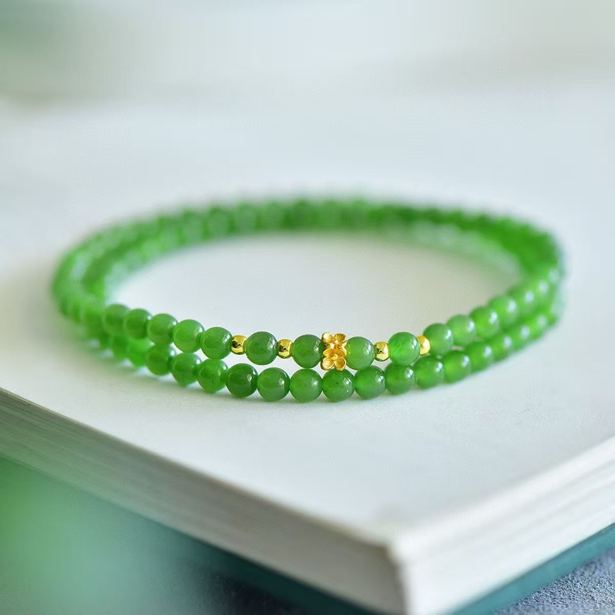 Hetian jade bracelet, women's millet beads, spinach green single-loop bracelet, jade necklace, light luxury and niche beaded bracelet details Picture