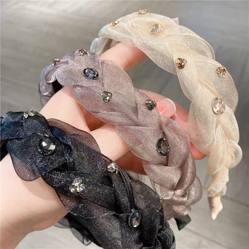 【 Original Version 】 New Korean-style hair accessory, mesh braided hairband, fairy-like wide edge rhinestone headband, high top hair accessory details Picture
