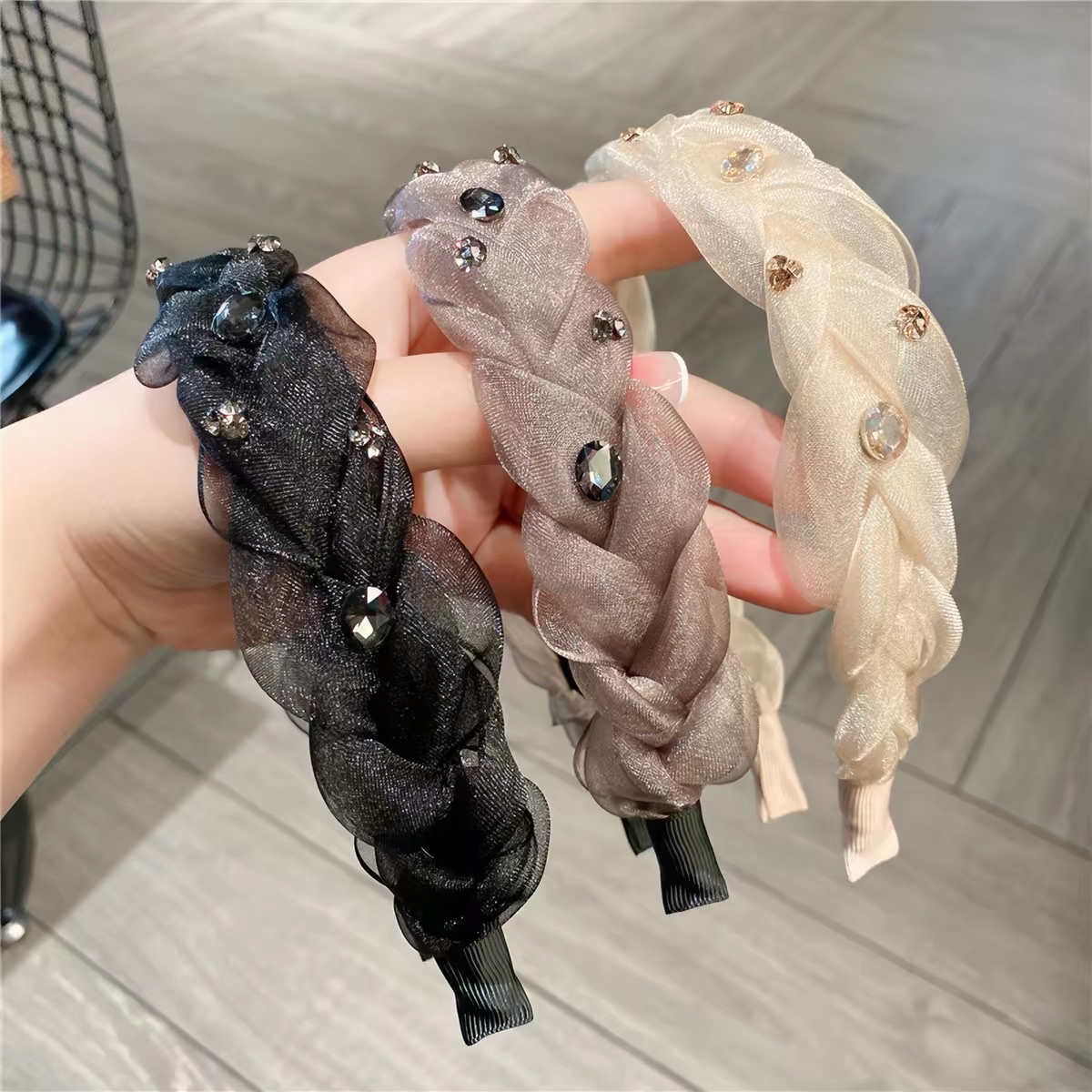 【 Original Version 】 New Korean-style hair accessory, mesh braided hairband, fairy-like wide edge rhinestone headband, high top hair accessory