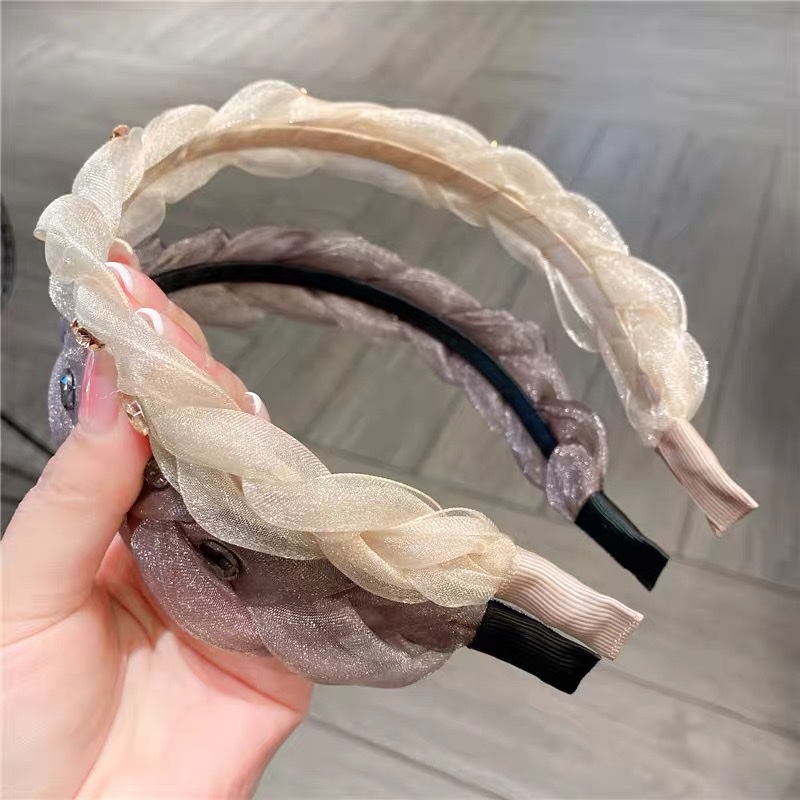 【 Original Version 】 New Korean-style hair accessory, mesh braided hairband, fairy-like wide edge rhinestone headband, high top hair accessory Specification image