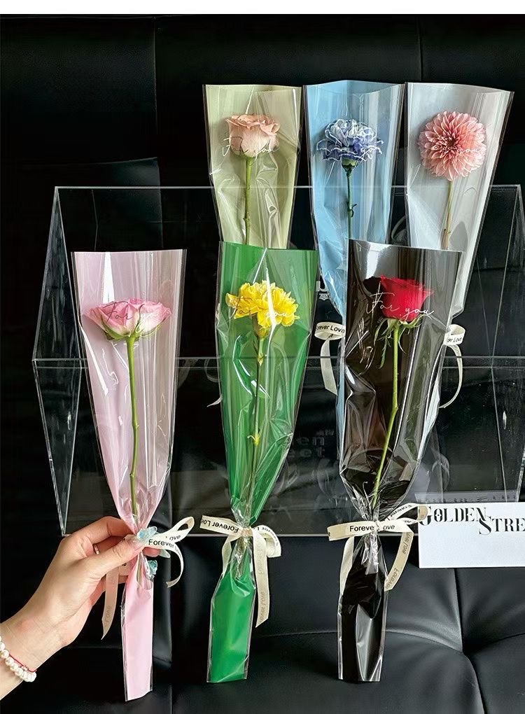 Pengfa Packaging Factory Store offers you single transparent flower arrangement bags for Teachers' Day, rose bouquets, flower bags, fresh flower packaging paper materials, floral art, single waterproof transparent triangular bags for fresh flowers, OP Application Scenario