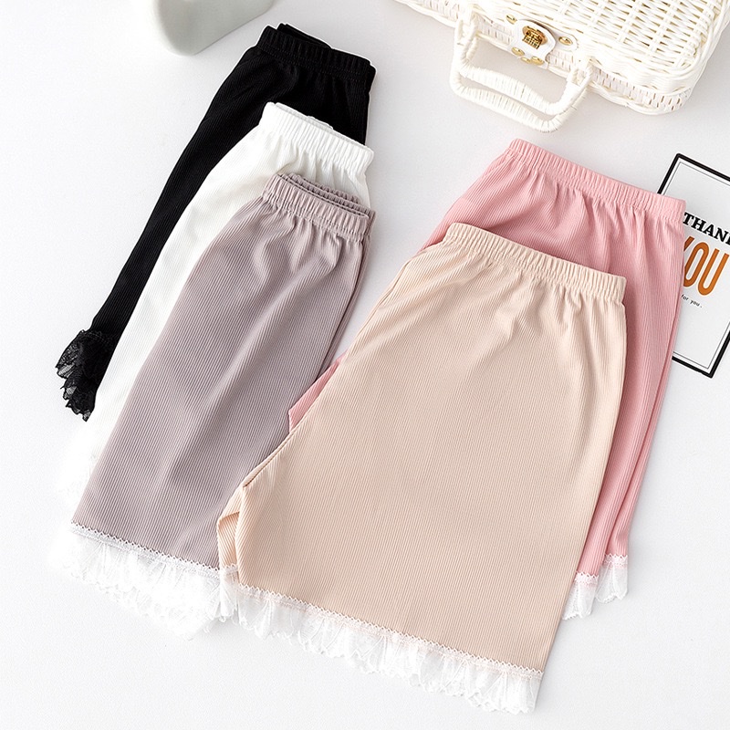 Spring and summer tight-fitting ice silk vertical striped lace leggings for women to prevent exposure, versatile three-inch safety pants wholesale