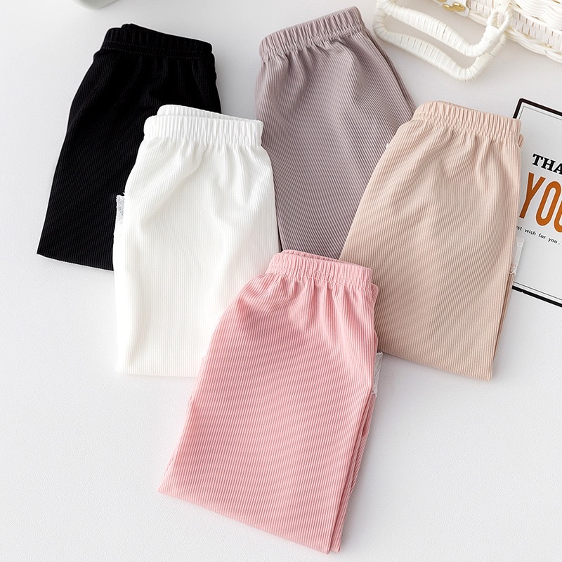 Spring and summer tight-fitting ice silk vertical striped lace leggings for women to prevent exposure, versatile three-inch safety pants wholesale details Picture