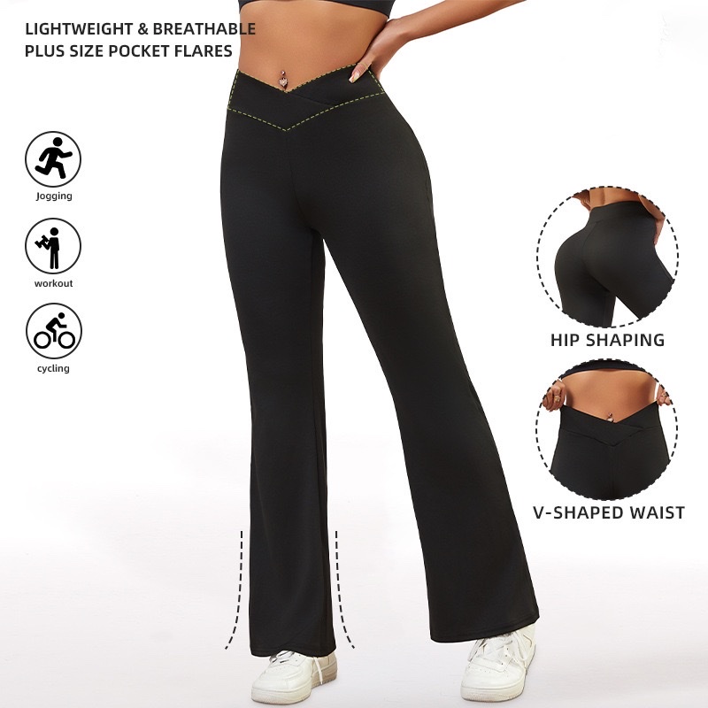 跨境专供V形高腰裤健身裤高弹欧美运动新款紧身瑜伽裤喇叭裤休闲