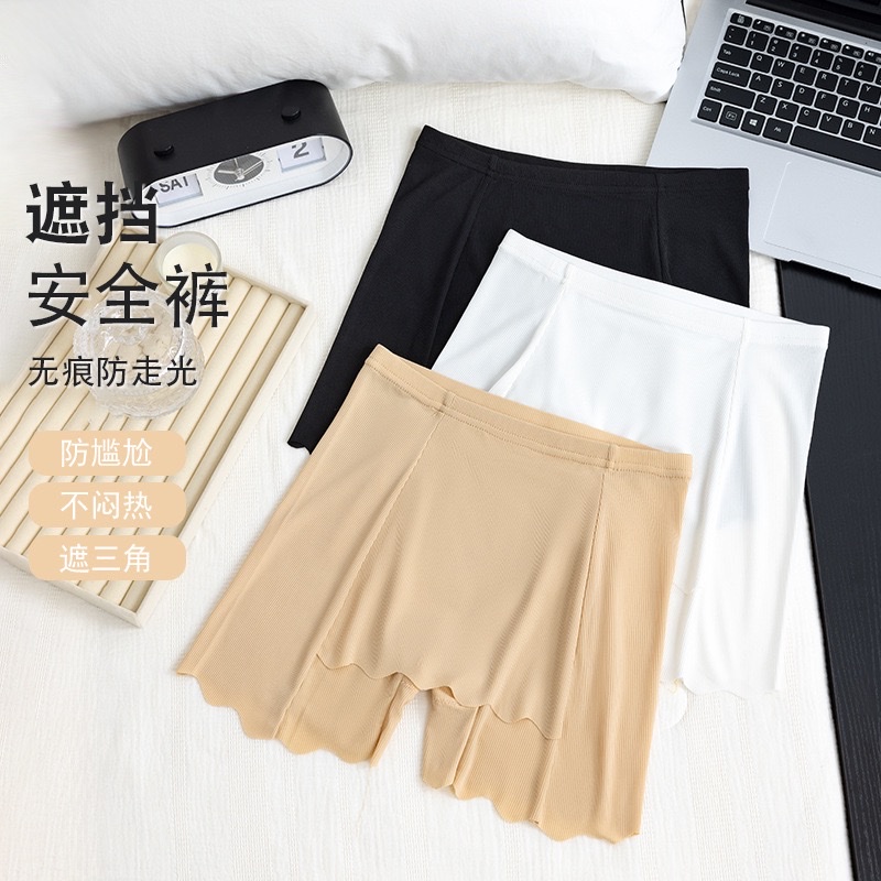 Ice silk double-layer safety pants for women to prevent exposure, thin, seamless, non-curled leggings, crop-covering safety shorts for summer details Picture