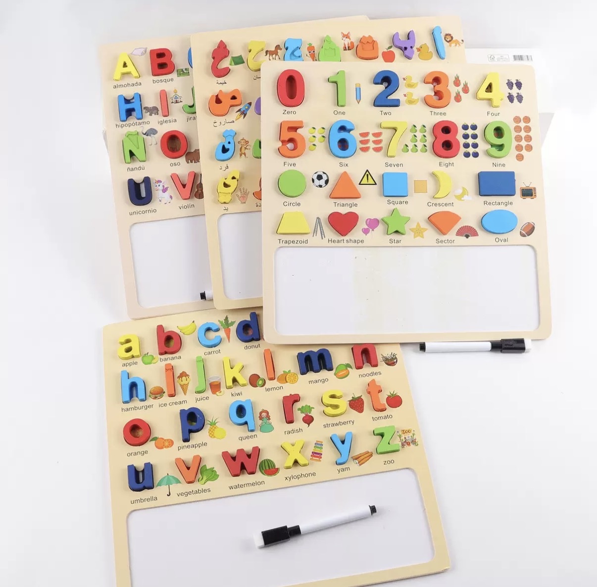 木制字母画板数字形状英文俄罗斯柬埔寨阿拉伯西班牙文早教玩具产品图
