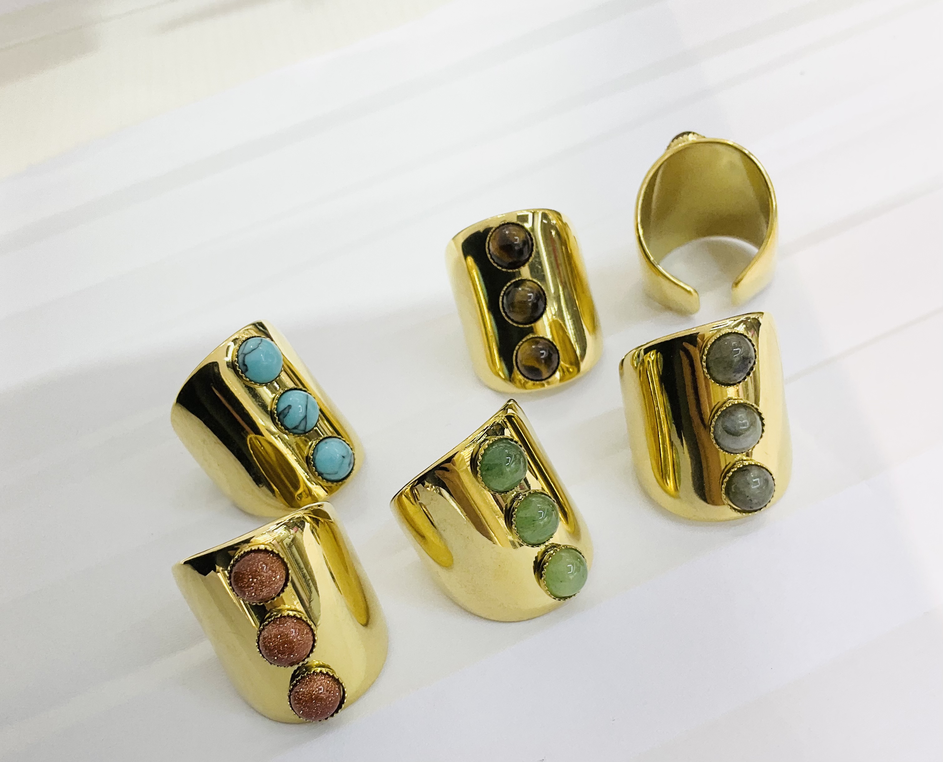 戒指椭圆大光面天然石不锈钢不掉色铜微镶戒指