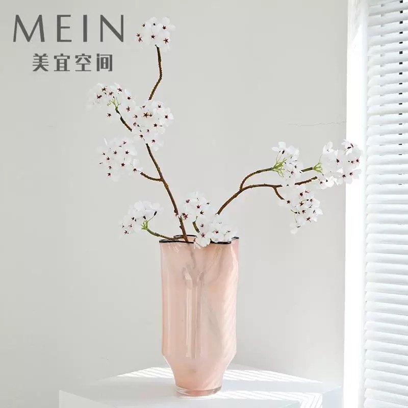 北欧温柔玉粉色四叶草皱褶中古手工琉璃玻璃花瓶客厅玄关插花器细节图