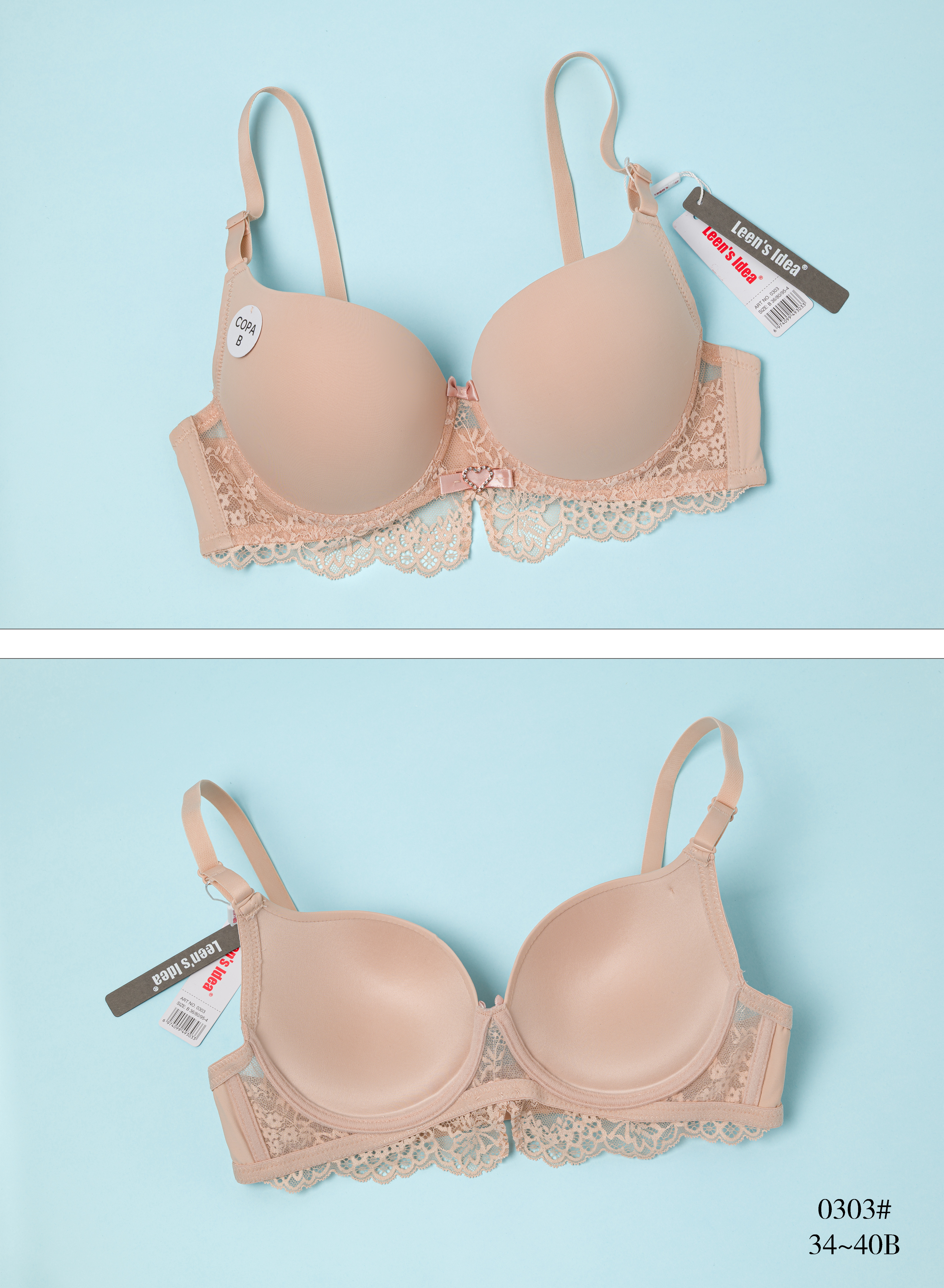 Leen’s Idea 0303#Beauty Strap Bra NEW
 New Design | Extra Thin Cups | COPA   B34-40
In Stock  Specification drawing