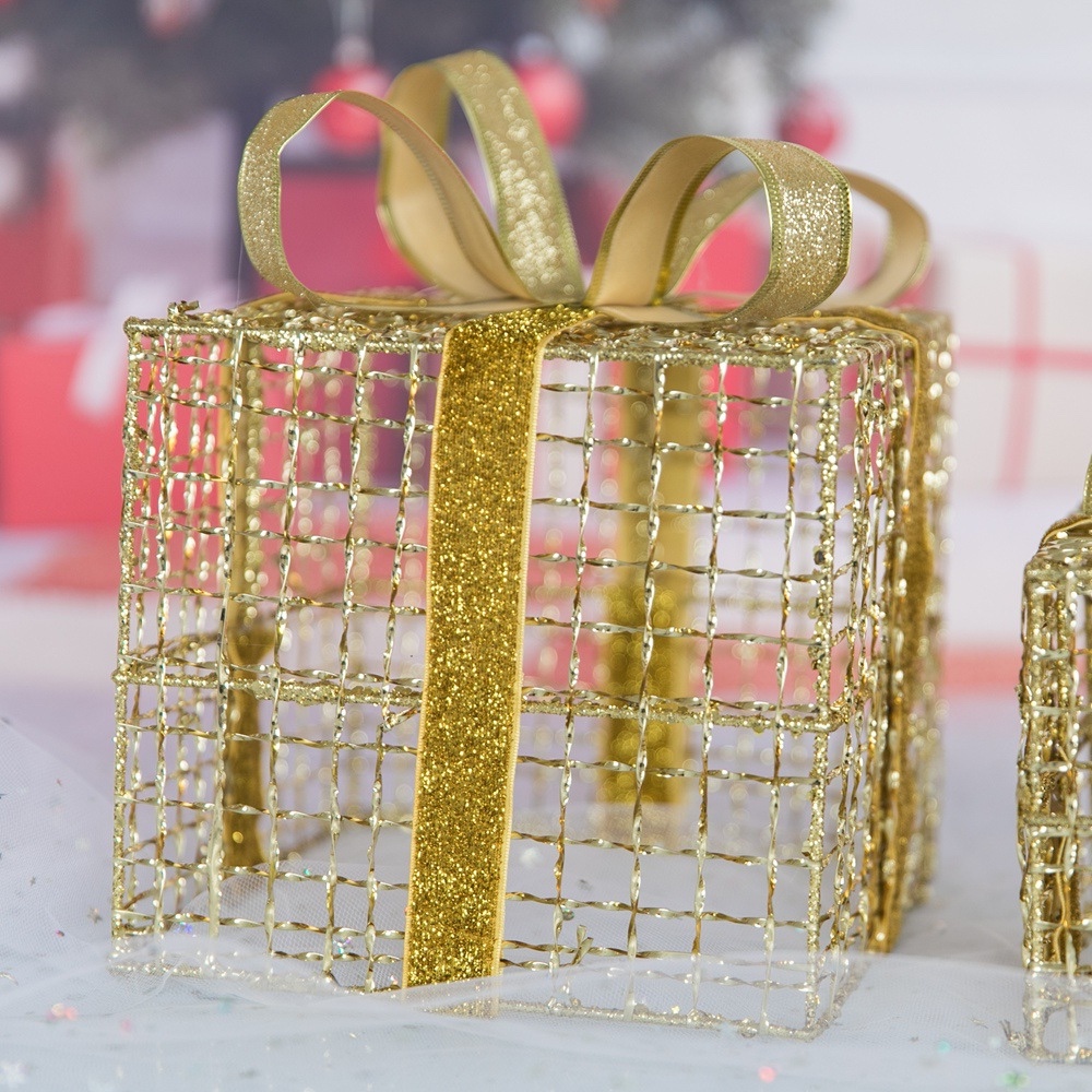 Christmas ironwork luminous gift box three-piece set, hotel and shopping mall decoration, gift box, display item, scene arrangement detail image 4