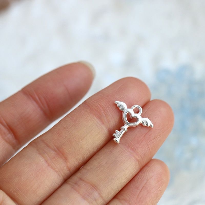 Alloy bright silver double-sided small heart key pendant necklace earrings diy jewelry accessories details Picture