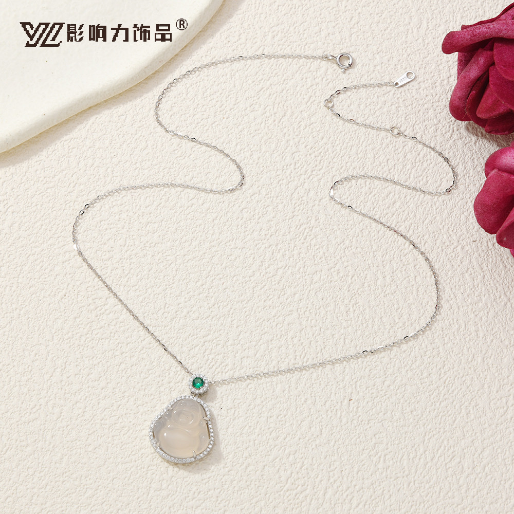 Influence Jewelry S925 Pure Silver chalcedony Buddha God Necklace is fashionable, versatile and non-allergenic details Picture