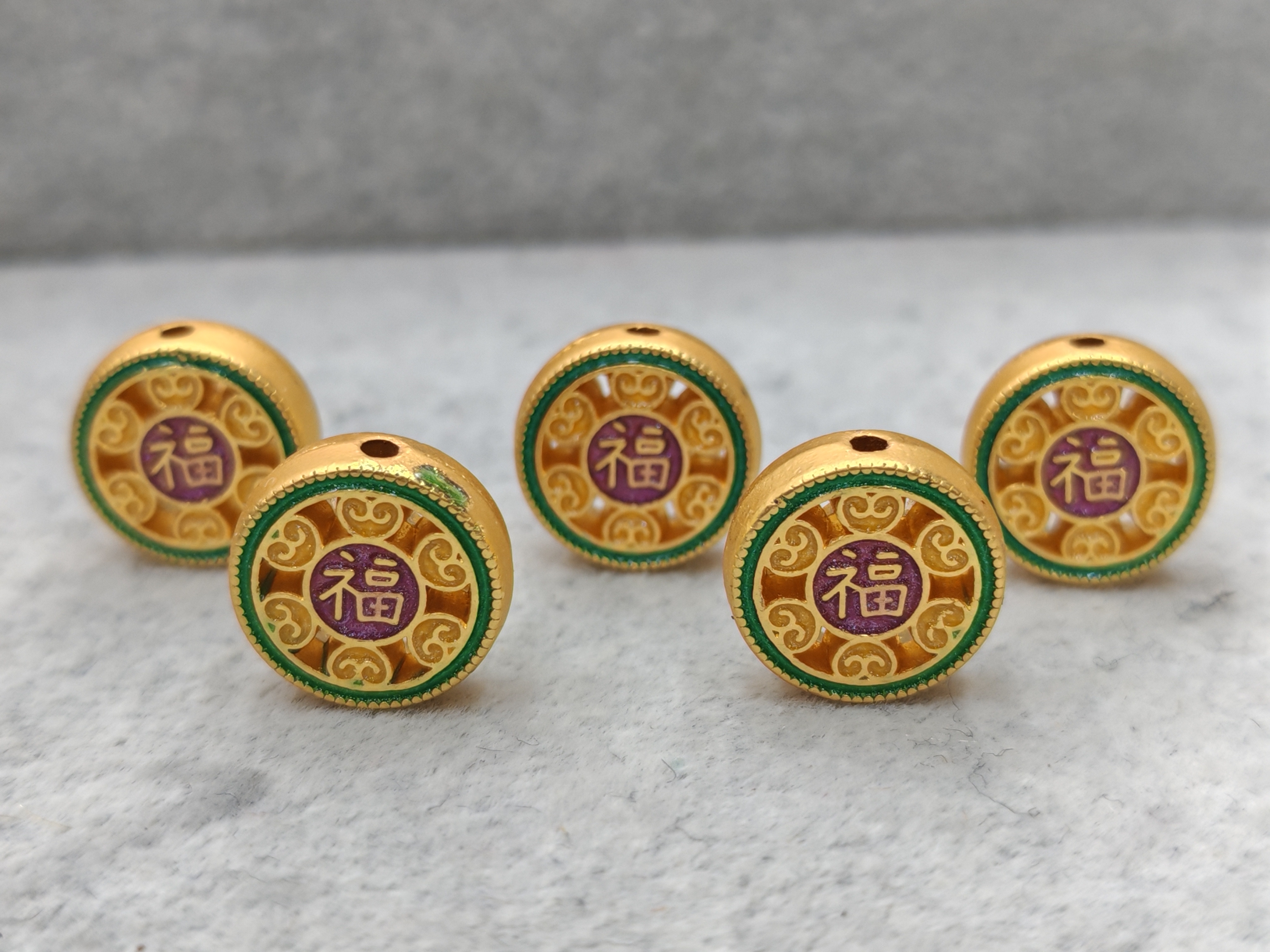 DIY古法哑金饰品配件滴油通孔福字牌圆牌手工编制花朵手链项链白底实物图
