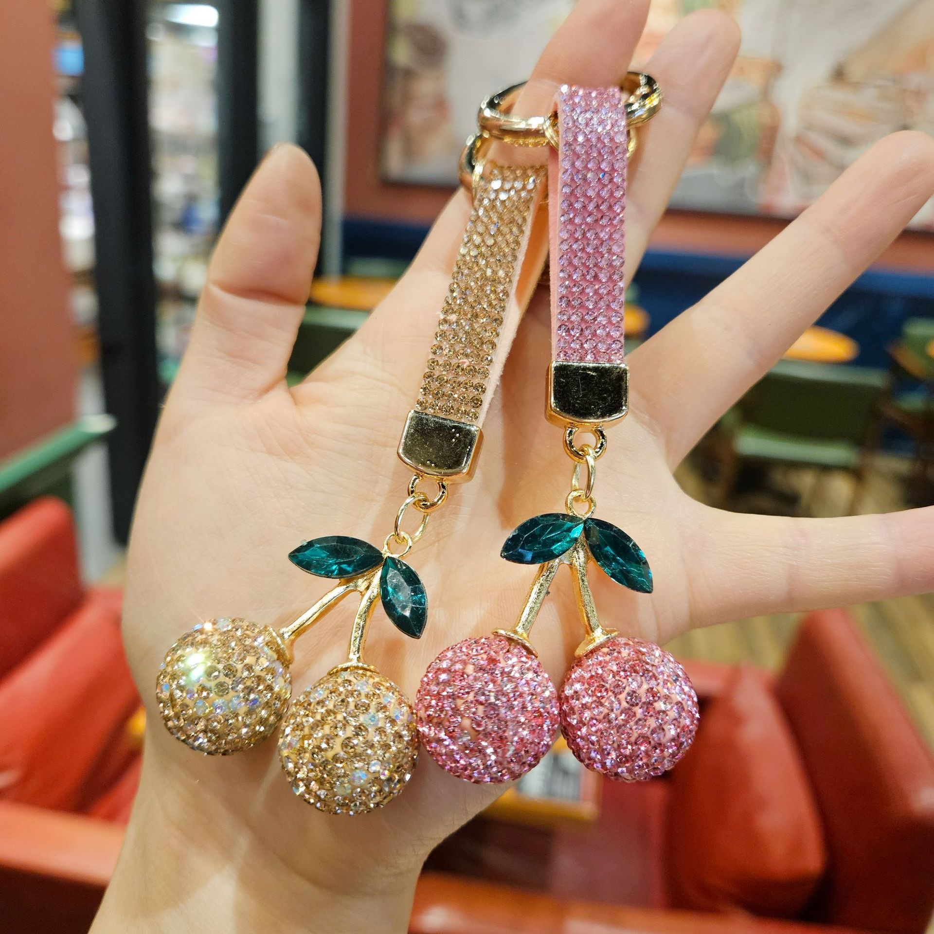 Fruit cherry water diamond keychain pendant, figurine pendant, creative small gift details Picture