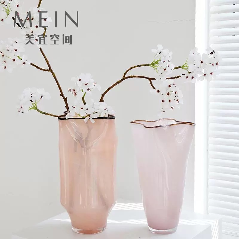 北欧温柔玉粉色四叶草皱褶中古手工琉璃玻璃花瓶客厅玄关插花器产品图