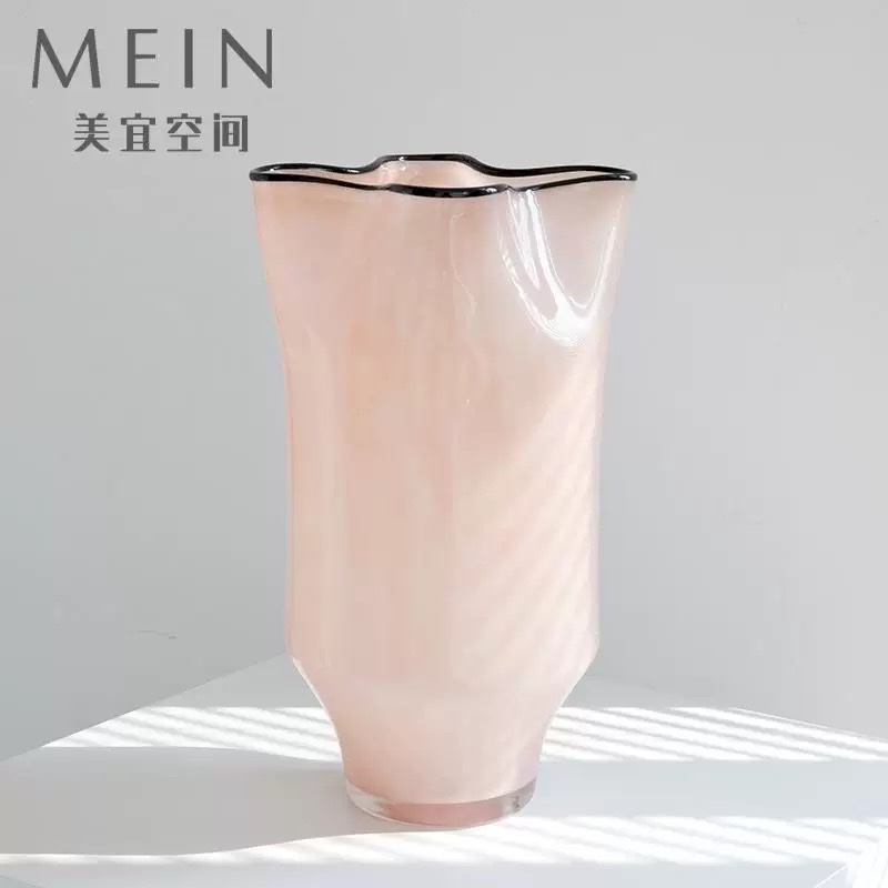 北欧温柔玉粉色四叶草皱褶中古手工琉璃玻璃花瓶客厅玄关插花器详情图4