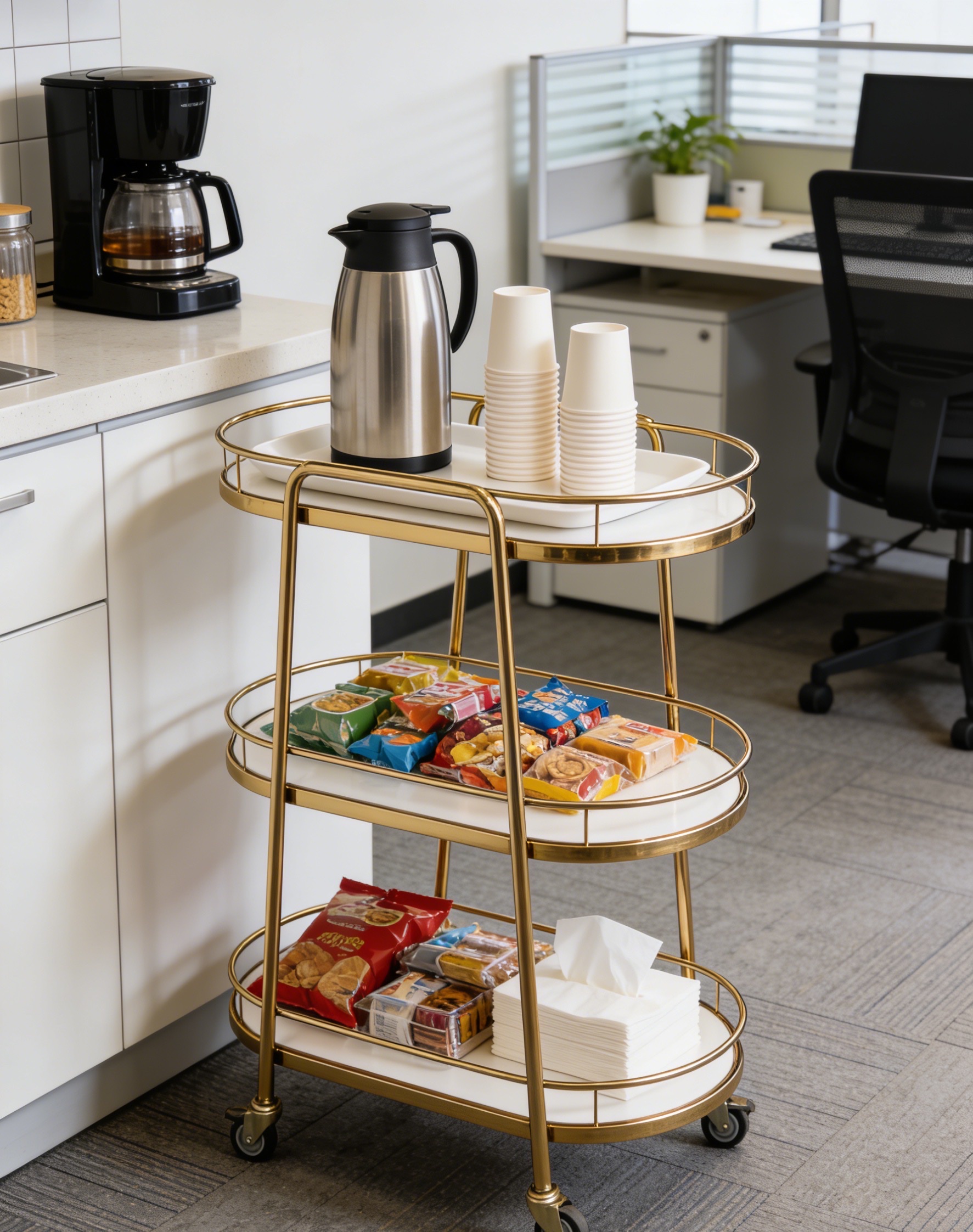 餐车 推车 不锈钢 玻璃 金色白底实物图