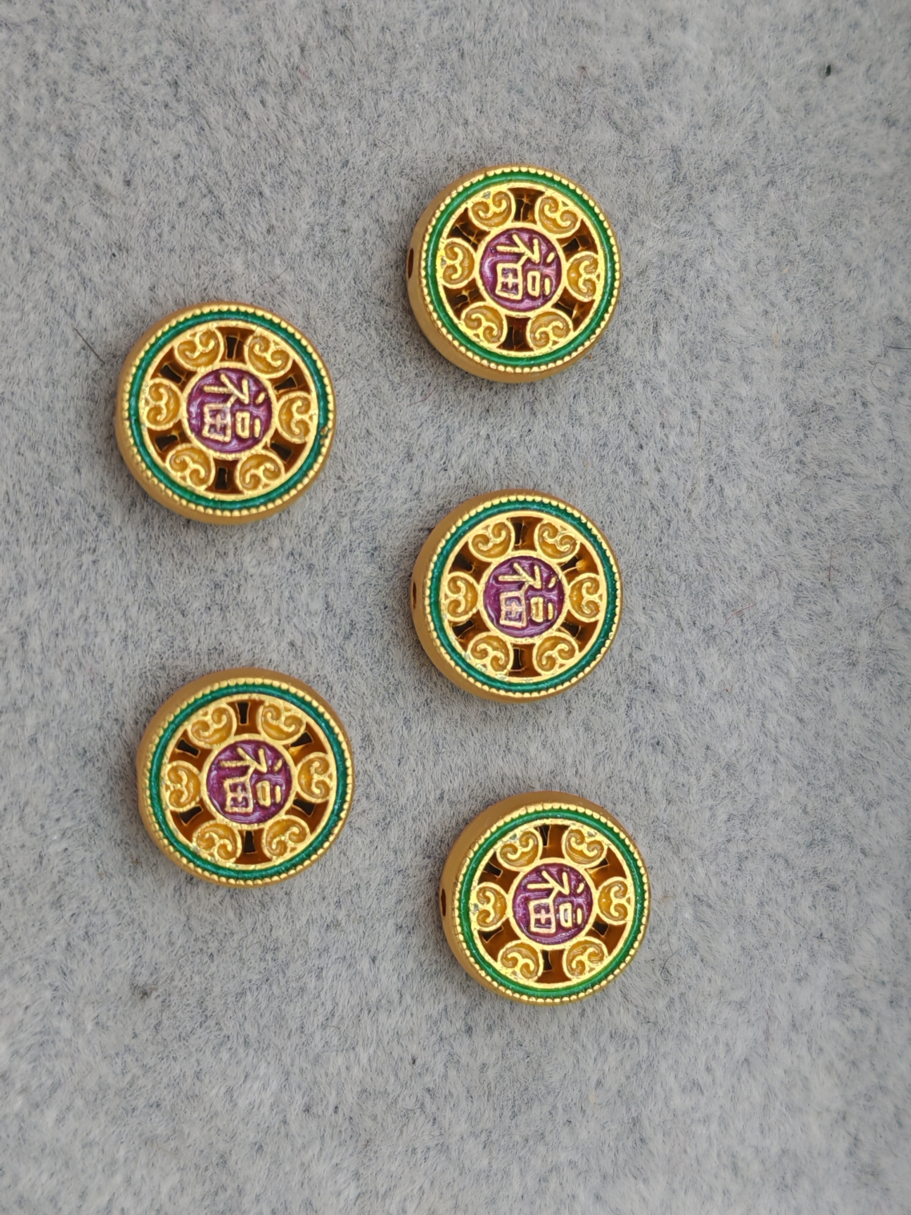 DIY古法哑金饰品配件滴油通孔福字牌圆牌手工编制花朵手链项链