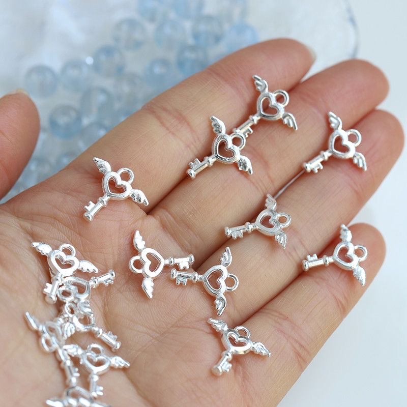 Alloy bright silver double-sided small heart key pendant necklace earrings diy jewelry accessories Item Picture