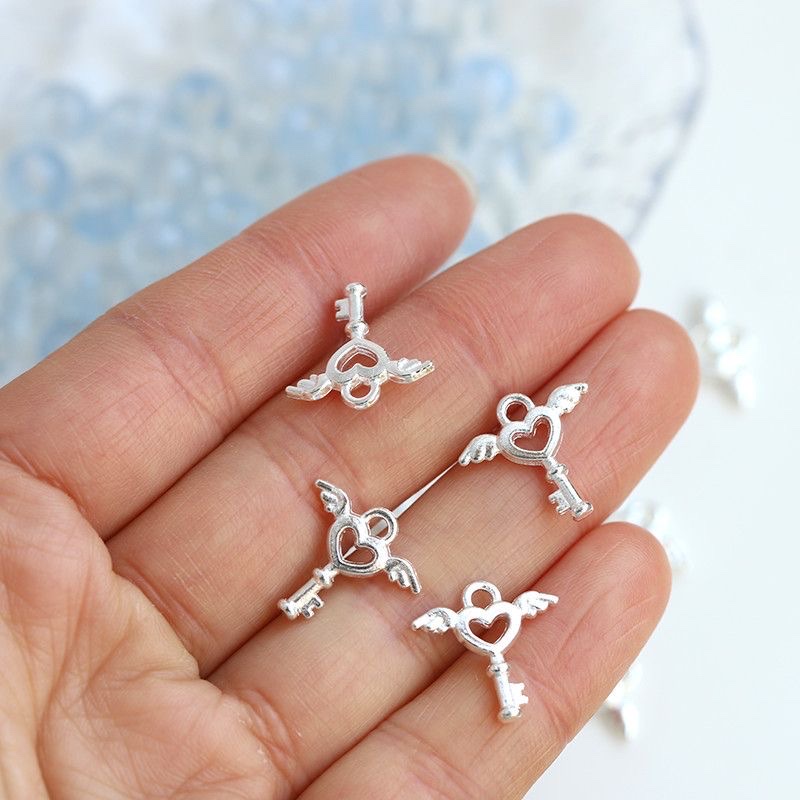 Alloy bright silver double-sided small heart key pendant necklace earrings diy jewelry accessories