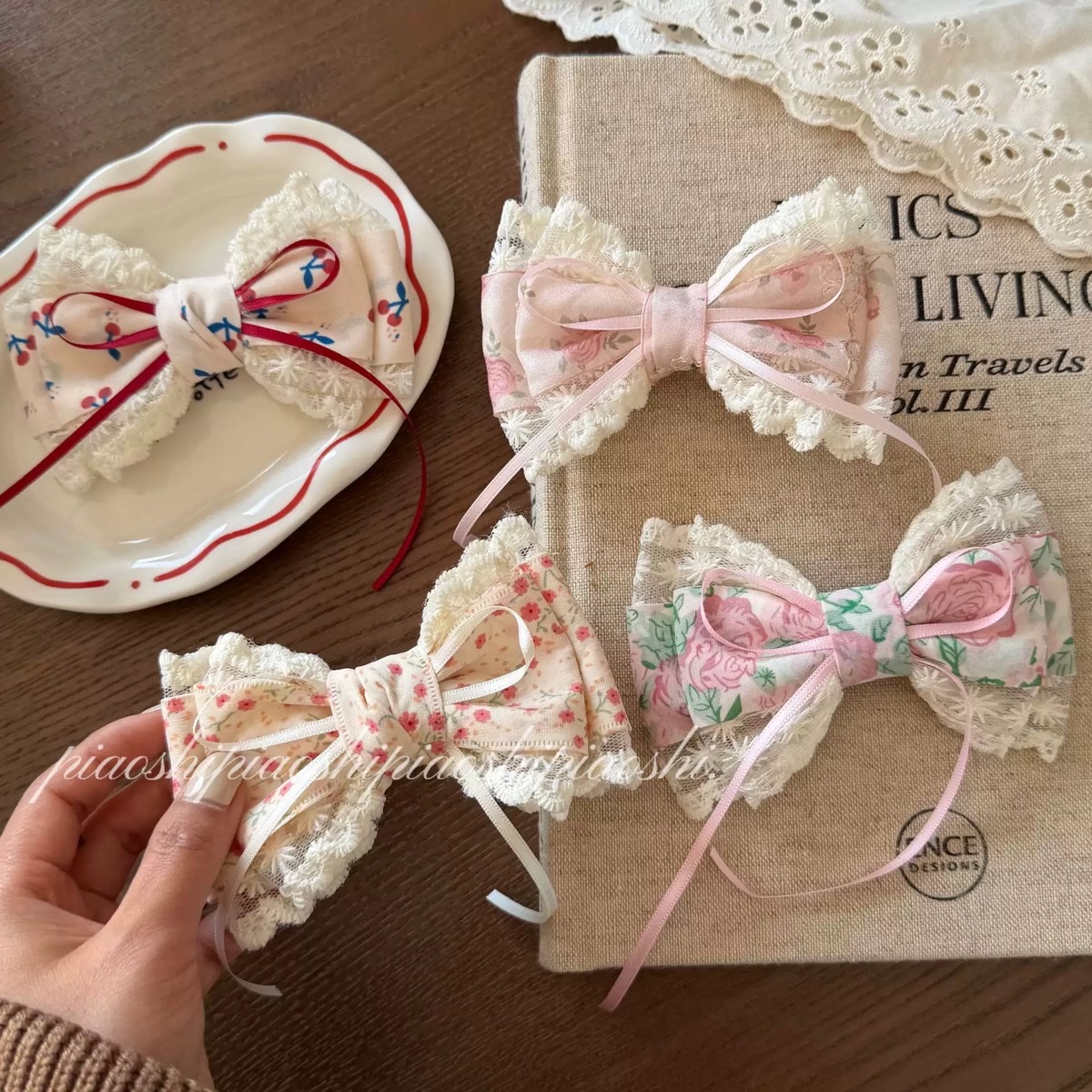 少女甜美碎花高马尾发夹清新粉绿花朵蝴蝶结蕾丝边