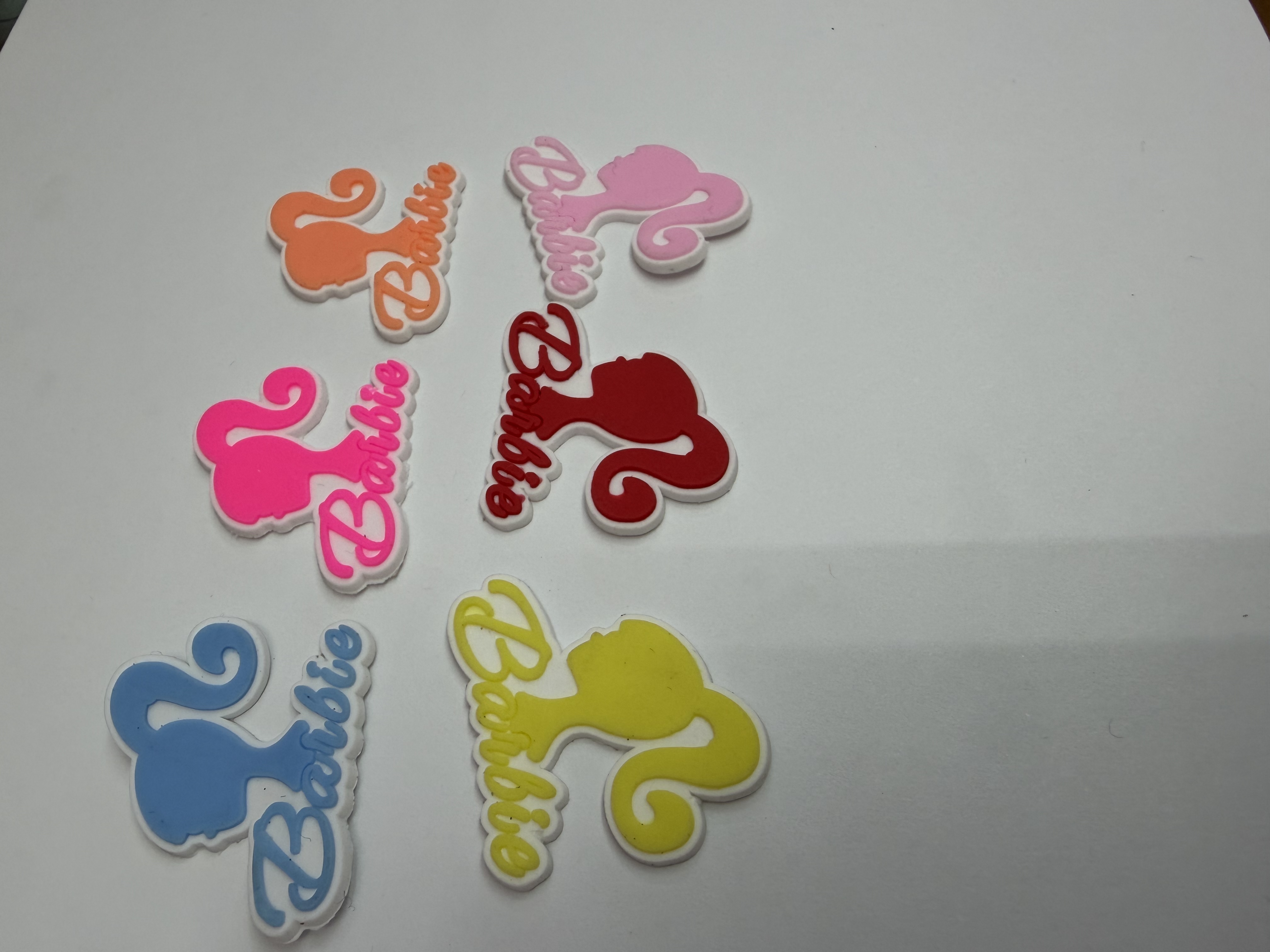 PVC cartoon Barbie letter accessories, phone case refrigerator patches, Crocs shoe flower accessories, luggage patches. Specification image