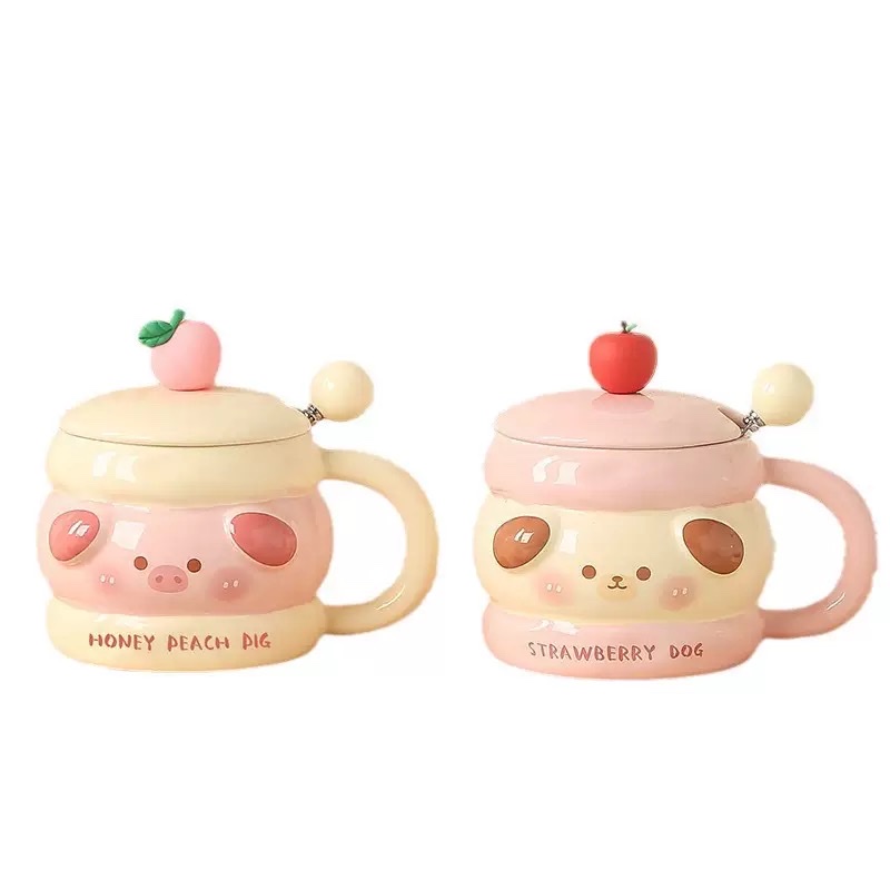 Cute pet ceramic cups with LIDS, creative mugs, adorable cartoon girls' water cups, high appearance standards, couple's home coffee cups Application Scenario