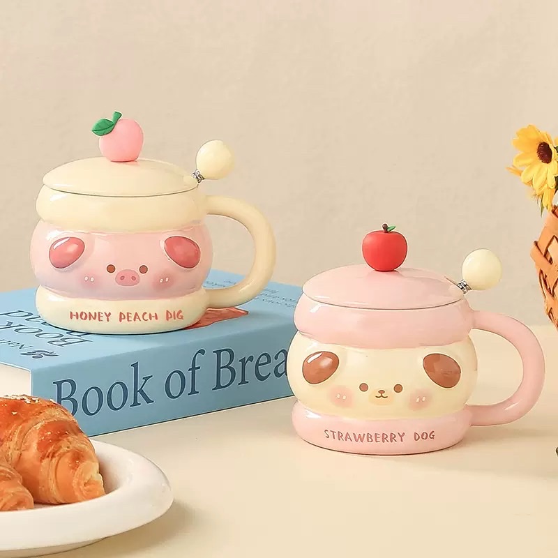 萌宠陶瓷杯带盖创意马克杯可爱卡通女生水杯高颜值情侣家用咖啡杯