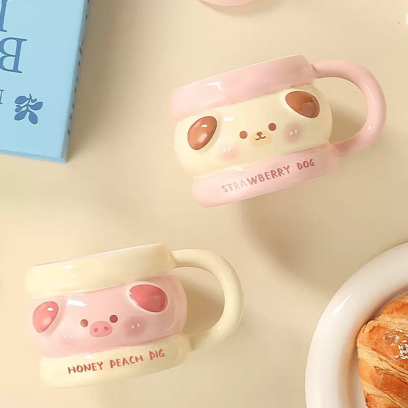 Cute pet ceramic cups with LIDS, creative mugs, adorable cartoon girls' water cups, high appearance standards, couple's home coffee cups Item Picture
