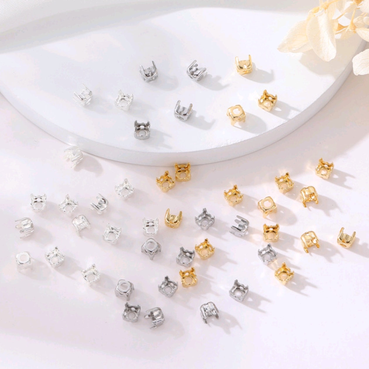 众兴14K金铜镀四角爪托迷你微镶锆石底托空托带孔手工diy饰品配件