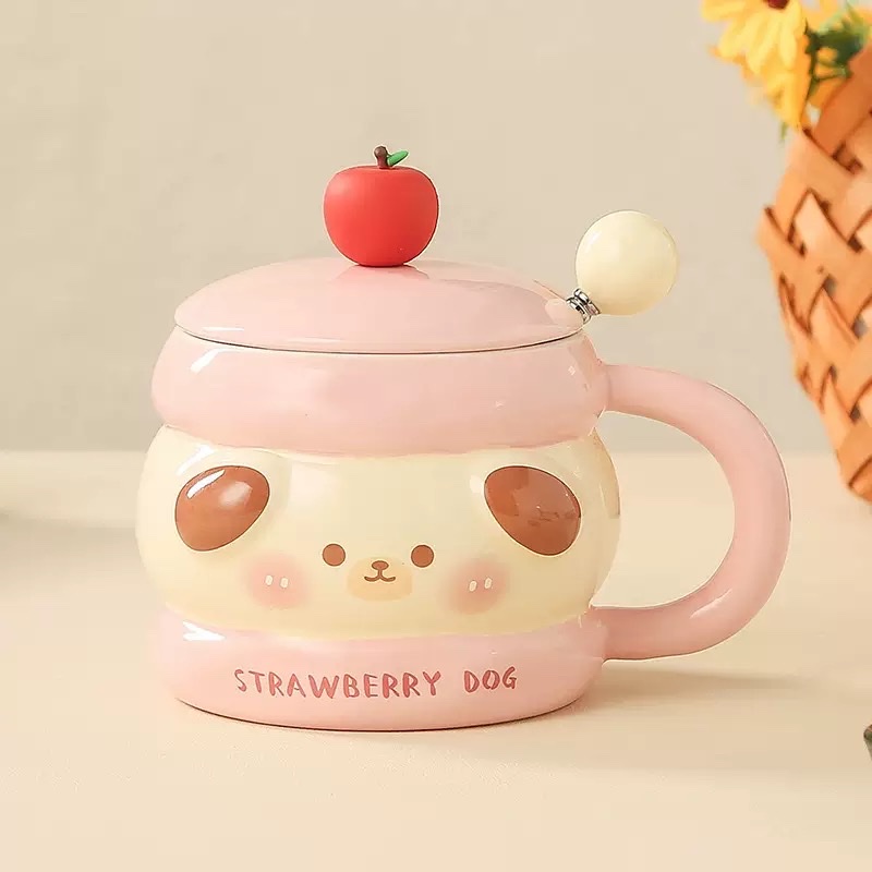 Cute pet ceramic cups with LIDS, creative mugs, adorable cartoon girls' water cups, high appearance standards, couple's home coffee cups details Picture
