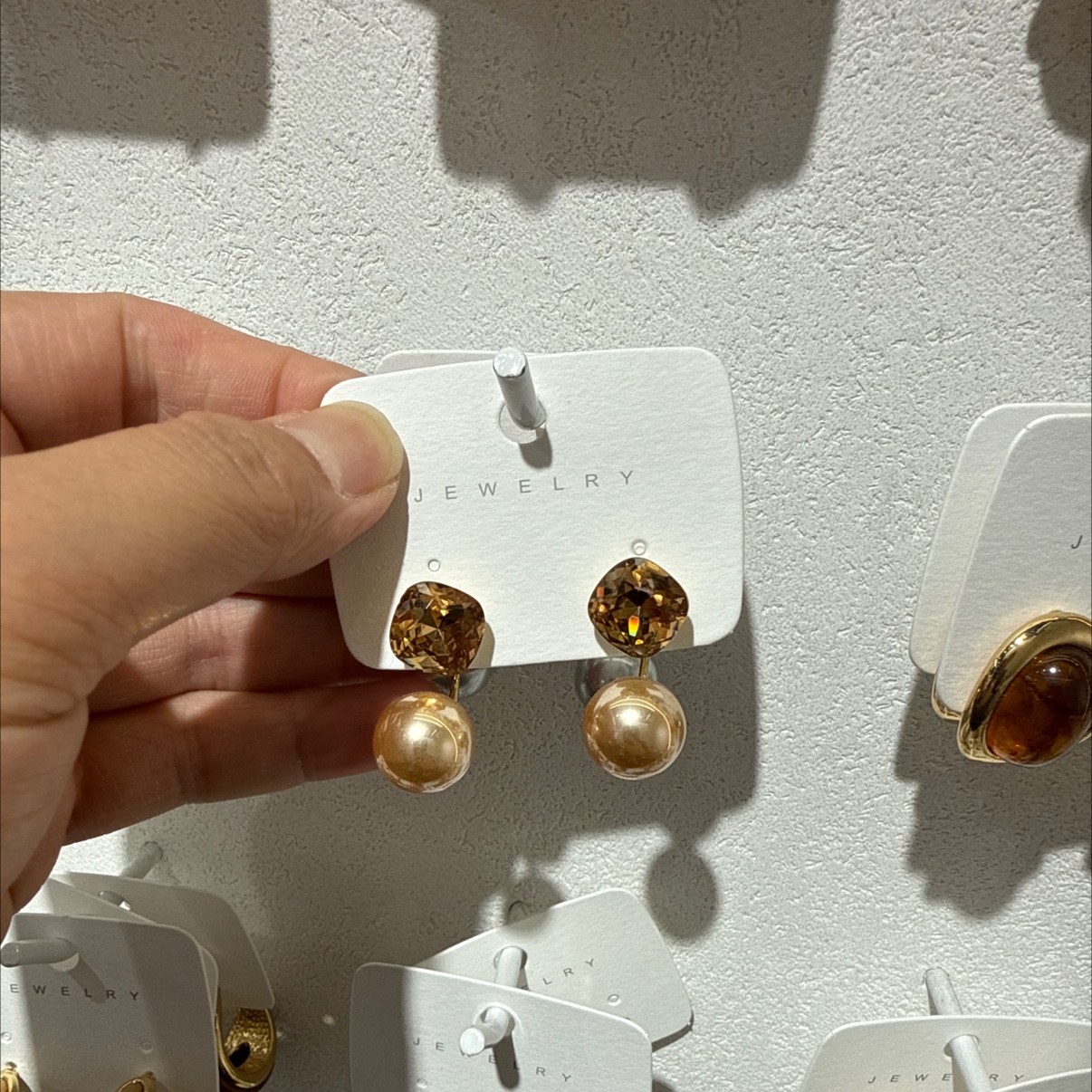 上下珍珠前后塞耳钉琥珀色18 K金百搭流行好看
