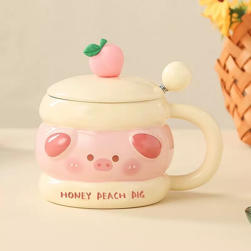 Cute pet ceramic cups with LIDS, creative mugs, adorable cartoon girls' water cups, high appearance standards, couple's home coffee cups Specification image