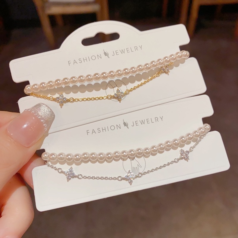 法式温柔百搭镶钻四叶花双层珍珠手链气质时尚简约