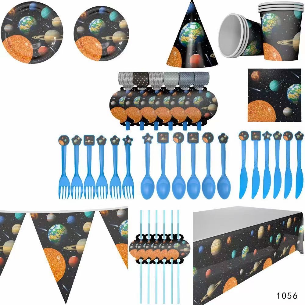 派对系列，可定制客户图案，盘子，杯子，纸巾，横幅，吸管，吹龙，桌布，喇叭，爆米花盒，糖果盒，眼镜，面具，白底实物图