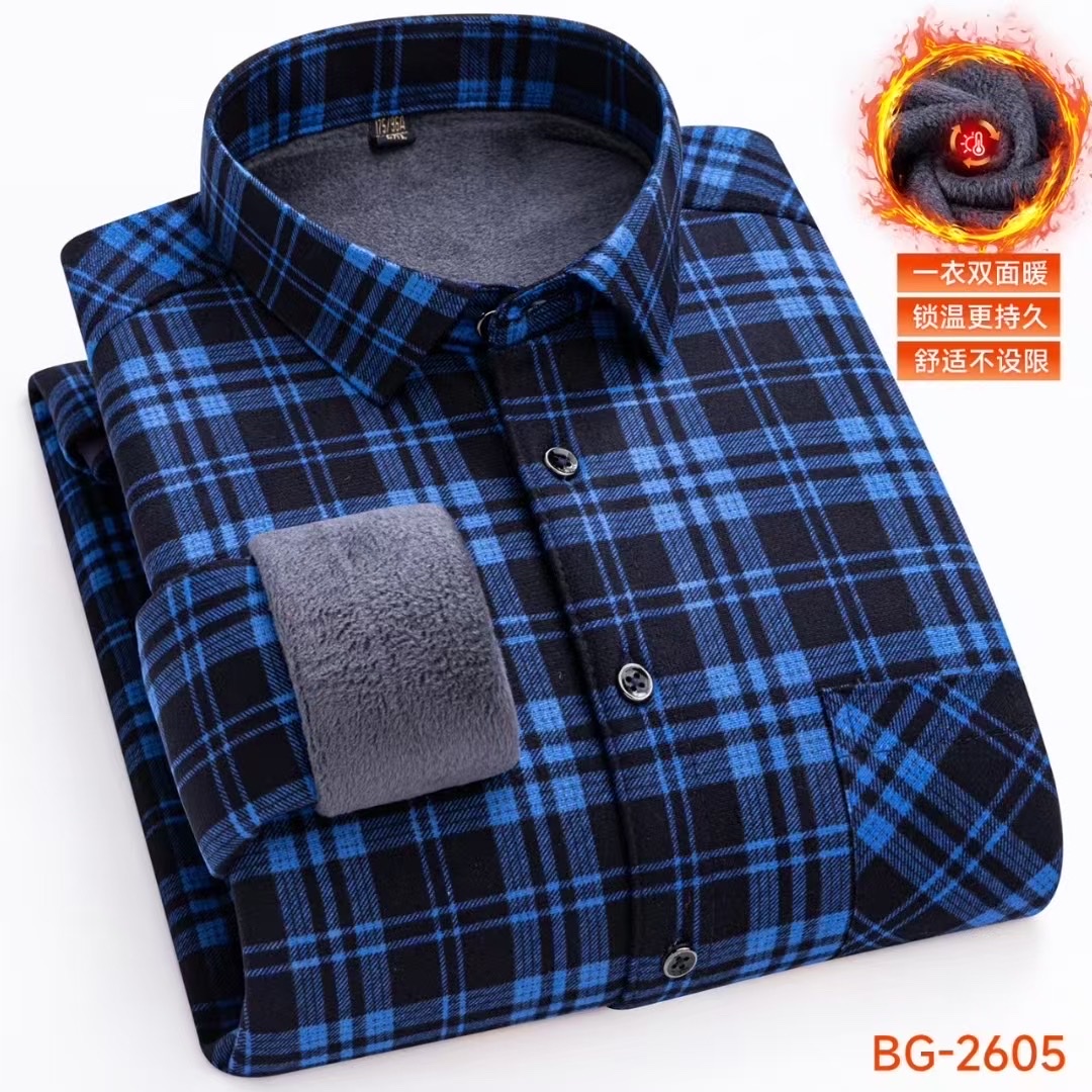 Fleece and thickened men's winter checked warm shirt jacket, men's long-sleeved casual shirt detail image 1