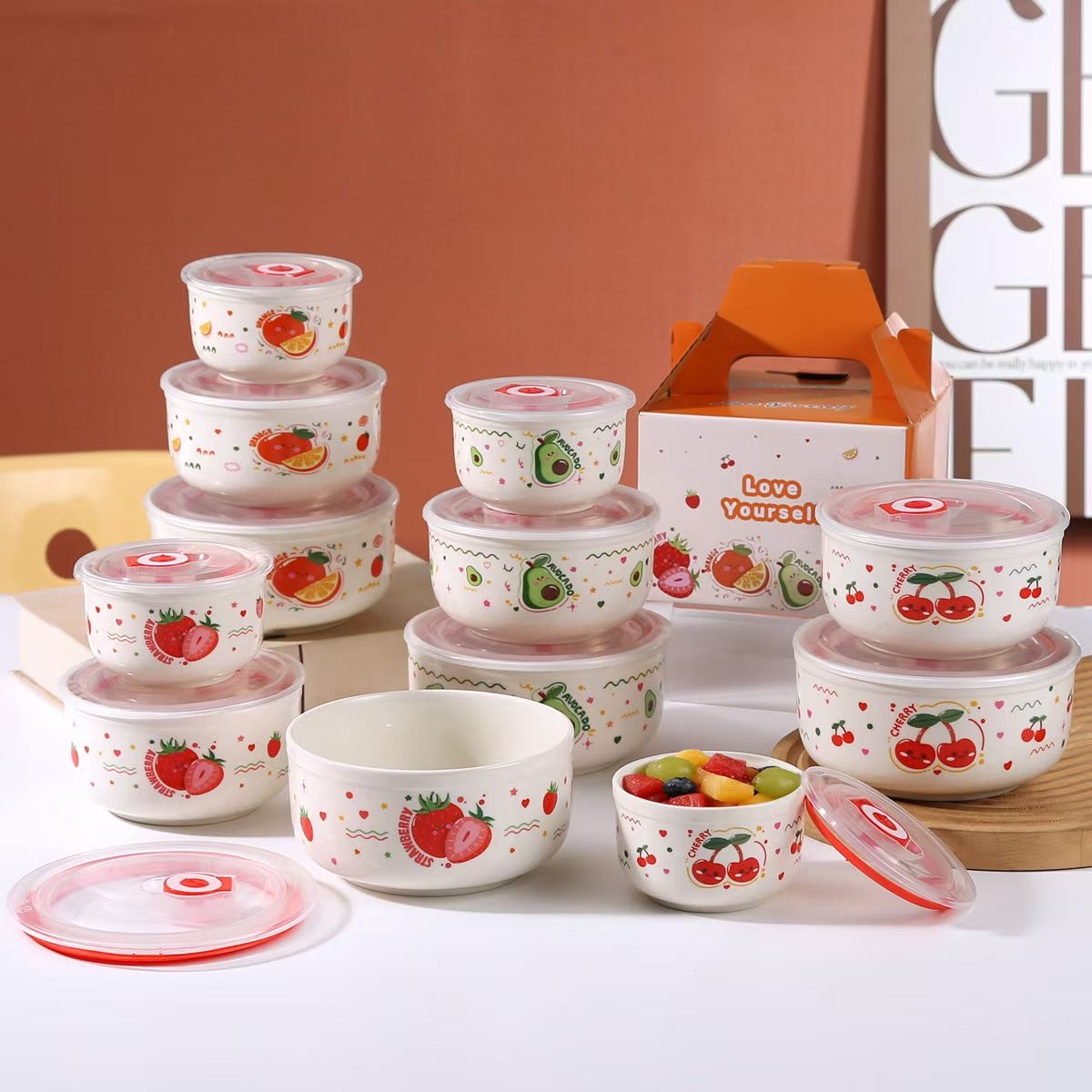 套三水果图案保鲜碗餐具套装陶瓷餐具套装清新简约家用餐具餐具