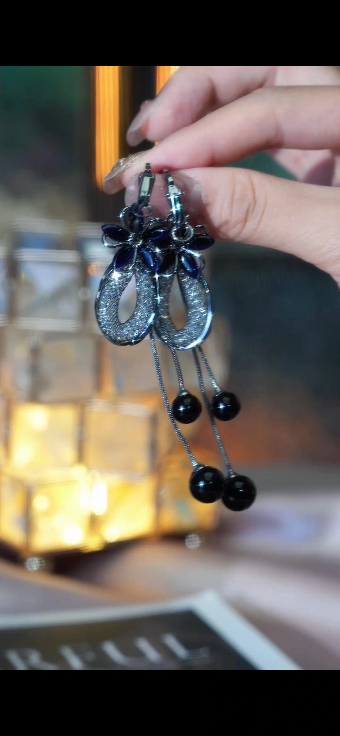 Classic black floral tassel earrings and personalized earrings detail image 6