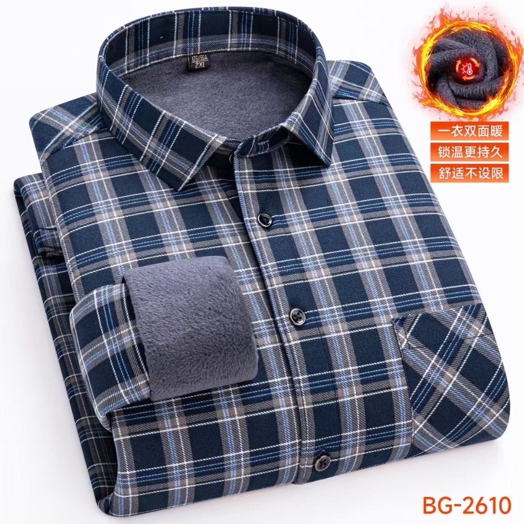 Fleece and thickened men's winter checked warm shirt jacket, men's long-sleeved casual shirt detail image 2