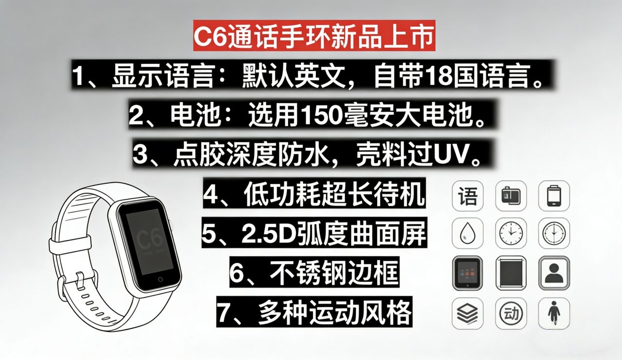 The C6plus smart bracelet is widely used both domestically and internationally. It features a large screen for heart rate, blood pressure and blood oxygen monitoring and analysis. It is IP67 waterproof, Bluetooth for step counting during exercise, sleep recording, information reminder, remote control for taking photos, and a reminder alarm for prolonged sitting Specification image