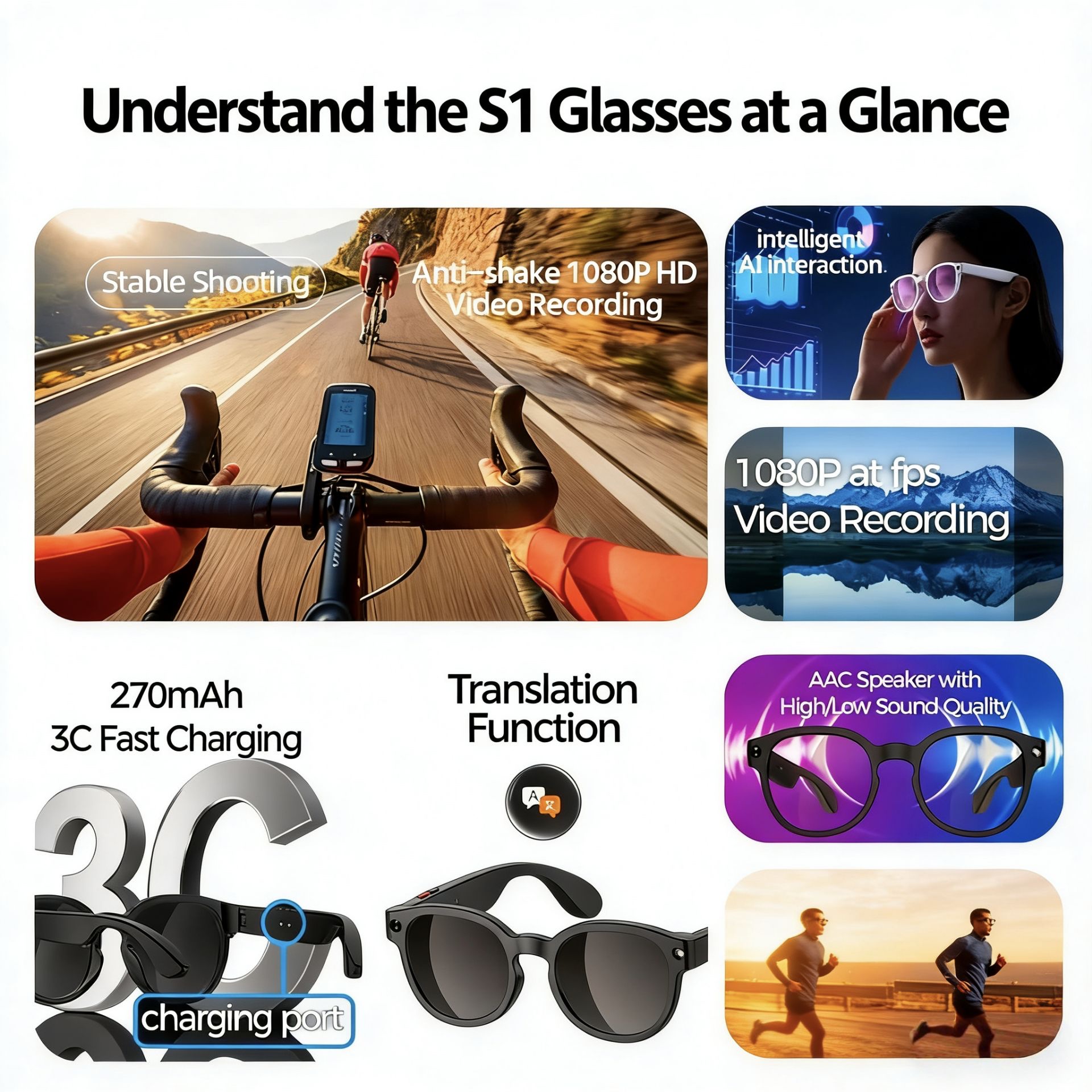 AIMB-S1 nuevas gafas inteligentes 500w cámara 1080p grabación de vídeo inteligente ai general búsqueda de gráficos bluetooth música en tiempo real traducción wifi transmisión inalámbrica lentes de cambio de color lentes grises detail image 6