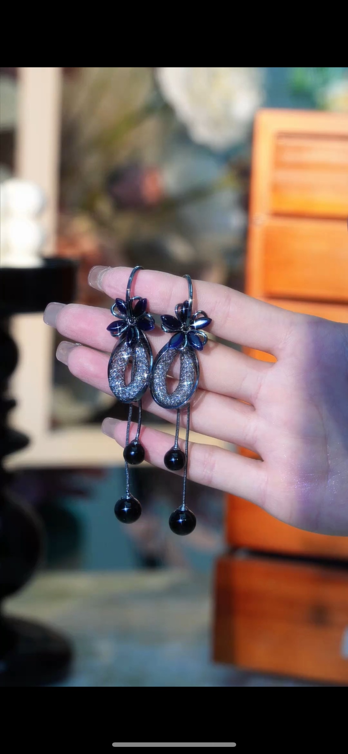 经典黑色系花朵流苏耳环个性耳饰